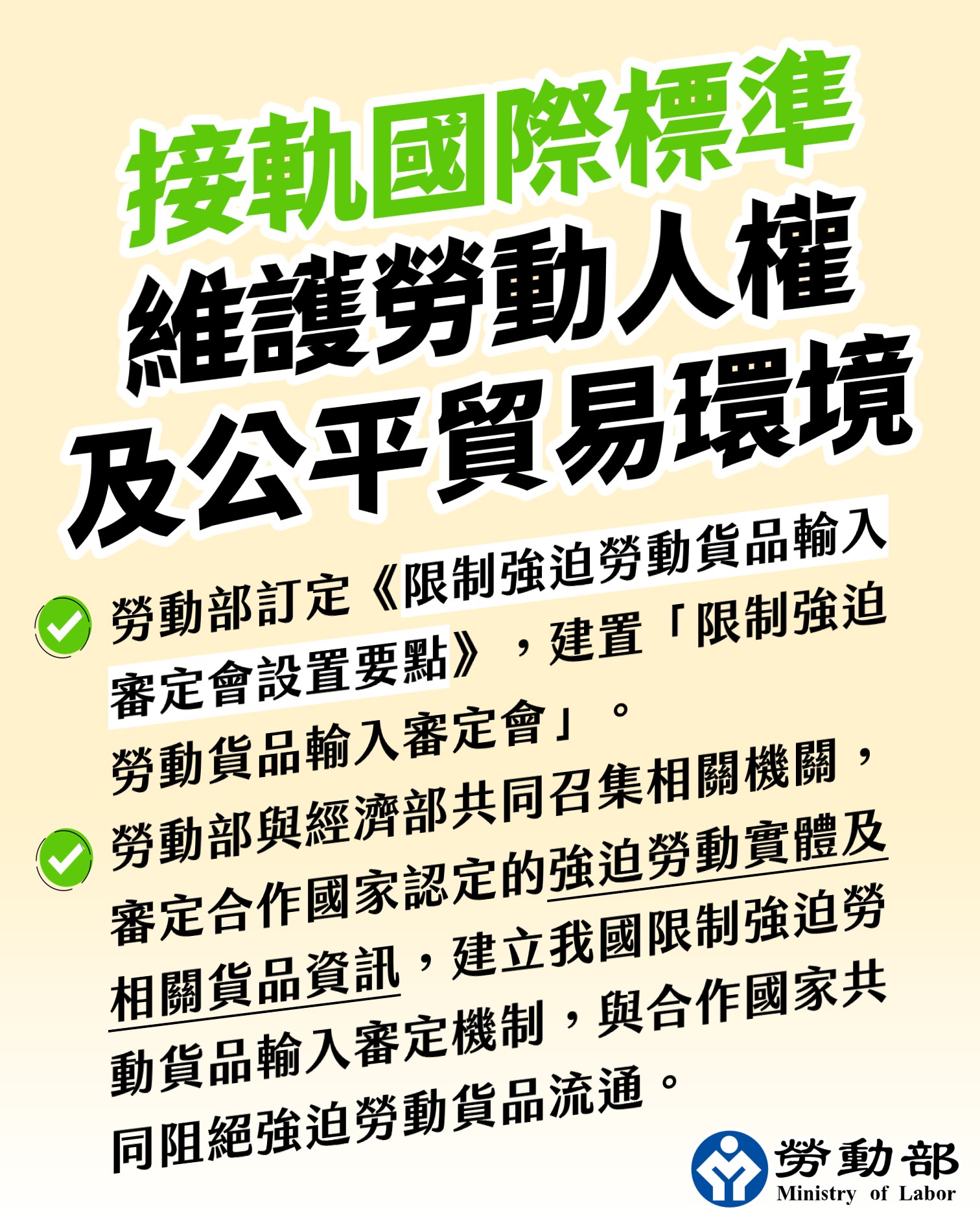 勞動部攜手經濟部建立限制強迫勞動貨品輸入審定機制，與合作國家共同阻絕強迫勞動貨品流通，接軌國際標準 展示圖