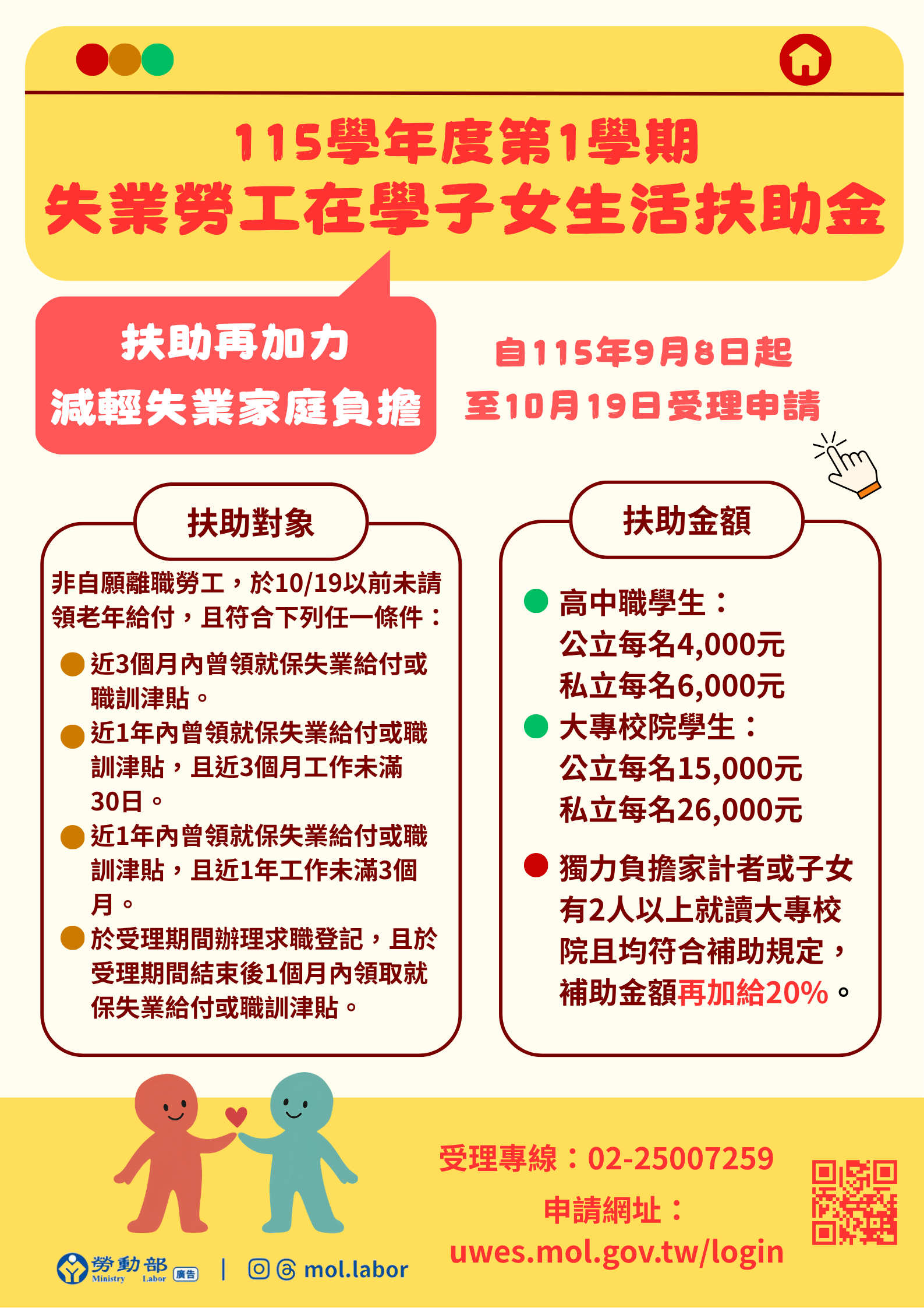 多一份對失業勞工的支持！勞動部失業勞工在學子女生活扶助金新制自9月8日起開始受理　與教育部學雜費就學減免或補助可同時請領 展示圖