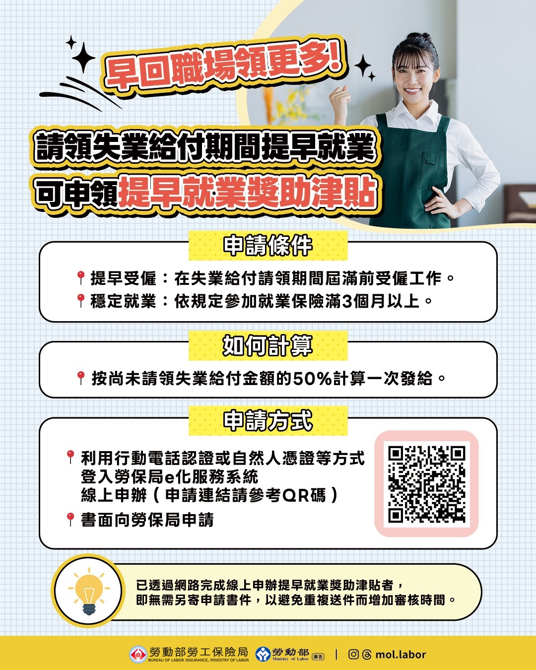 早回職場領更多!請領失業給付期間提早就業，可申領提早就業獎助津貼 展示圖