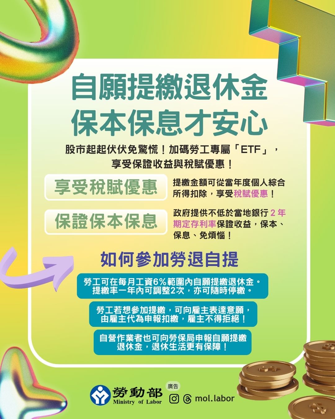 股市起起伏伏免驚慌！加碼勞工專屬「ETF」　自願提繳退休金　保本保息才安心！ 展示圖