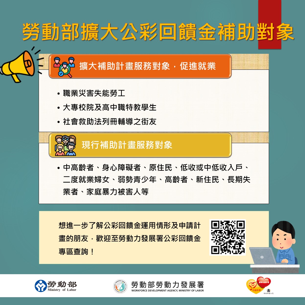 勞動部擴大服務對象 公私協力促進弱勢者就業 展示圖