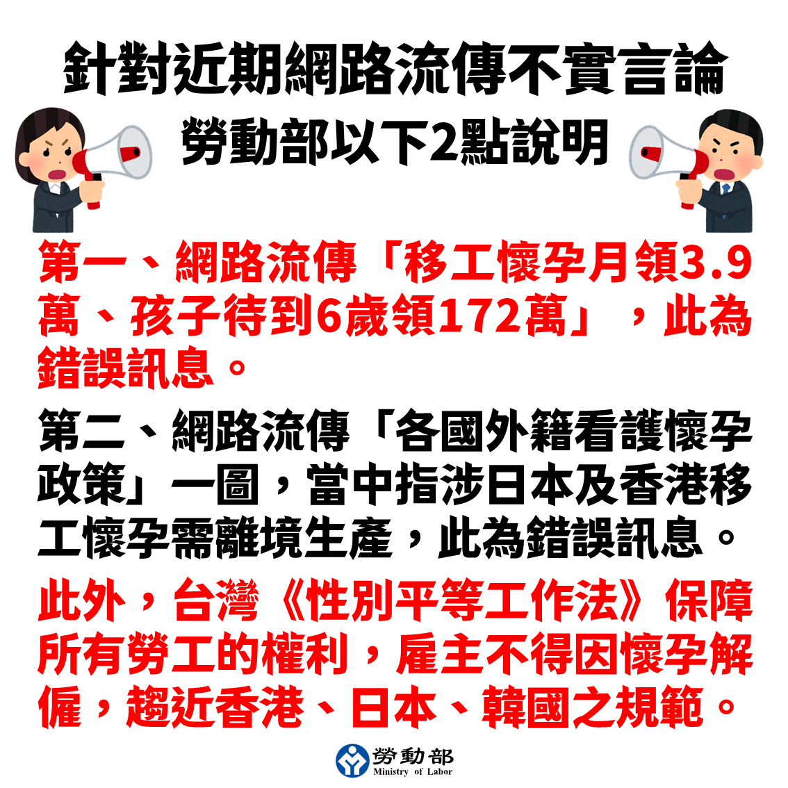 【聲明】針對近期網路流傳言論，勞動部做以下2點說明 展示圖