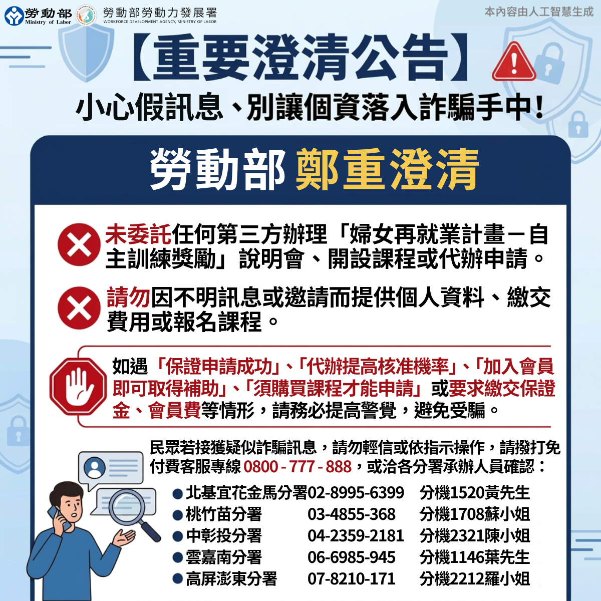 澄清「婦女再就業計畫」未委託或補助第三方辦理說明會、開設自主訓練課程、代辦申請等相關事宜 展示圖