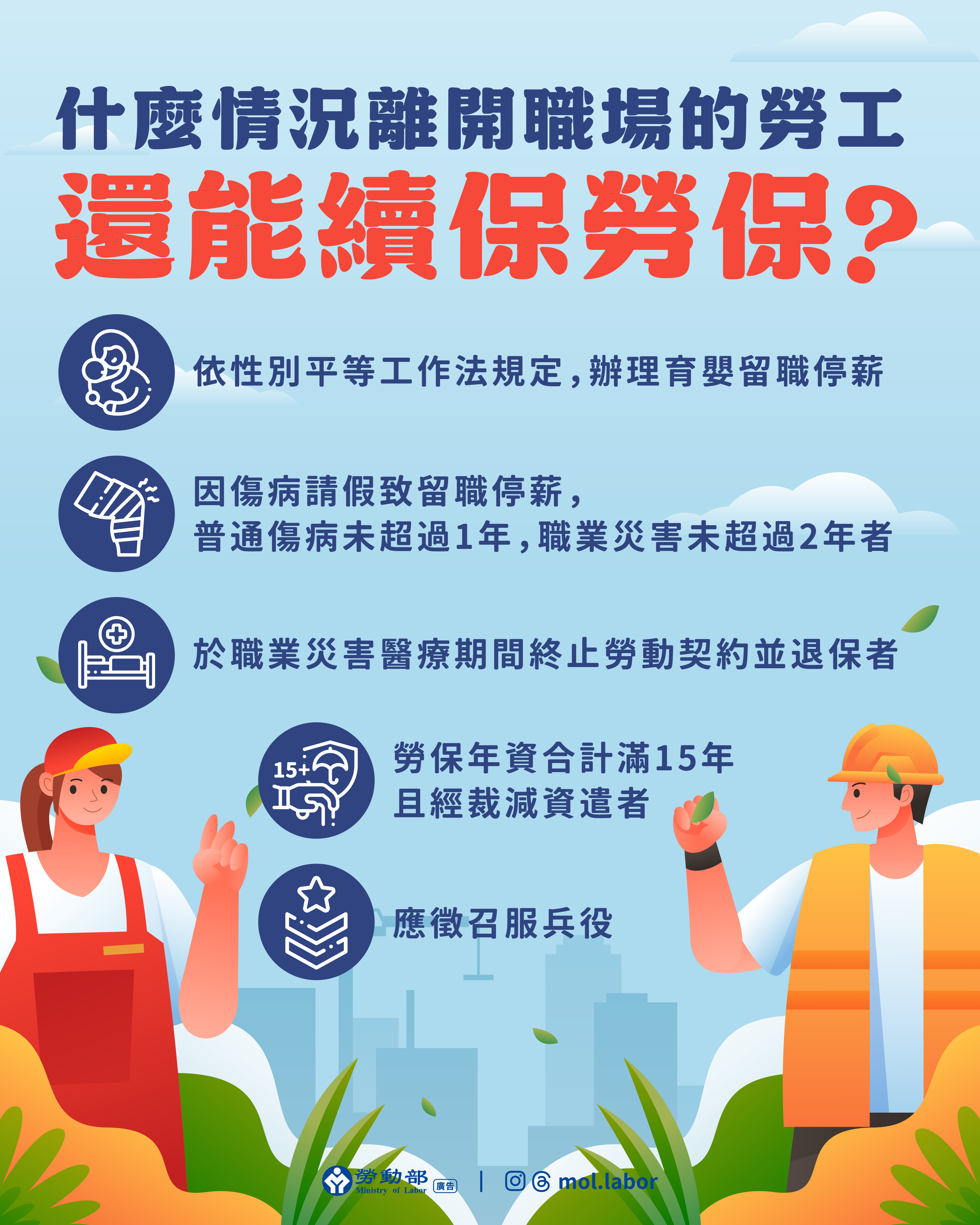 什麼情況離開職場的勞工還能續保勞保?有哪些權益?勞動部報乎你知! 展示圖