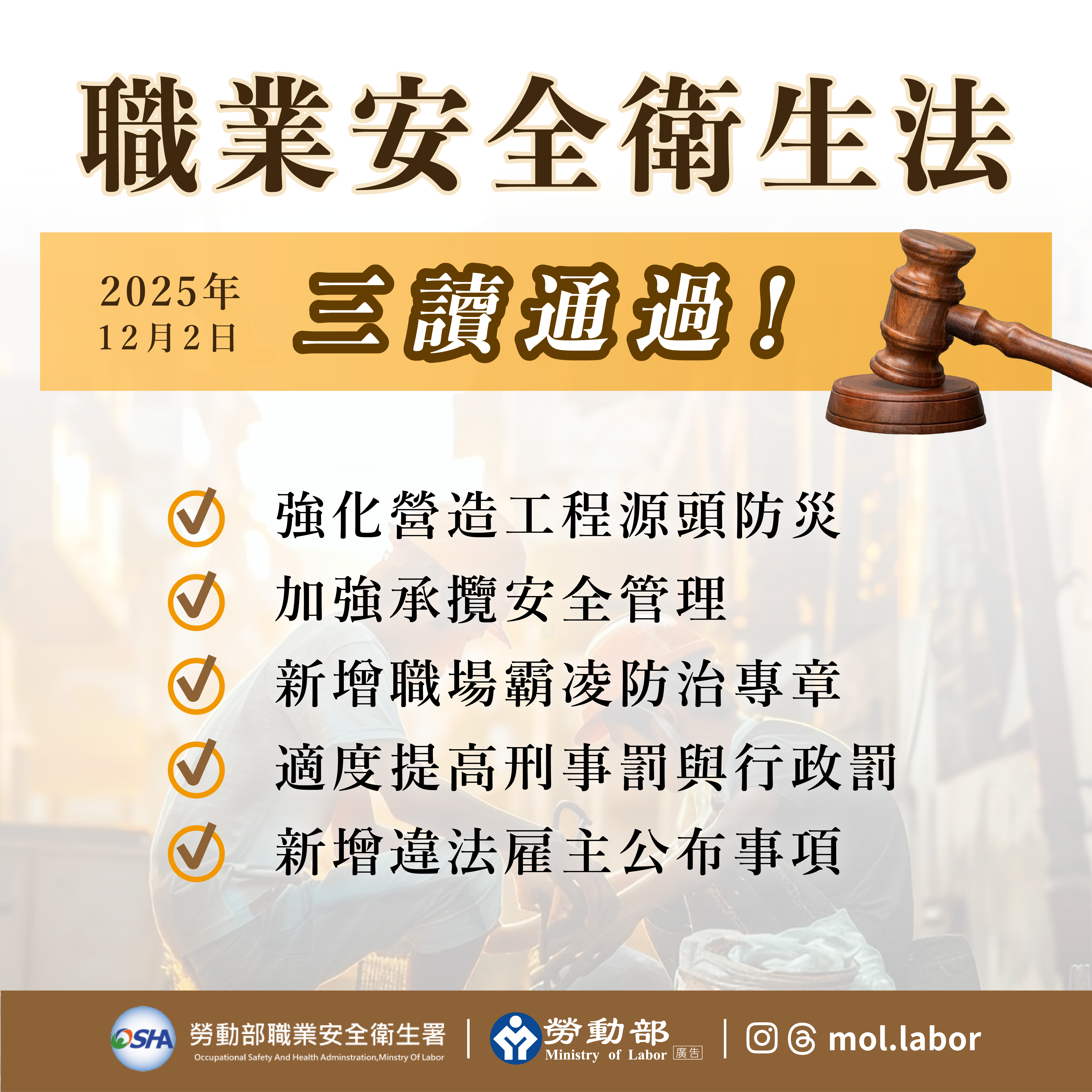 立法院三讀通過「職業安全衛生法」部分條文修正案 展示圖