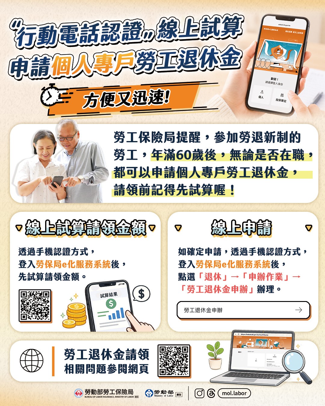 「行動電話認證」線上試算、請領個人專戶退休金，方便又迅速 展示圖