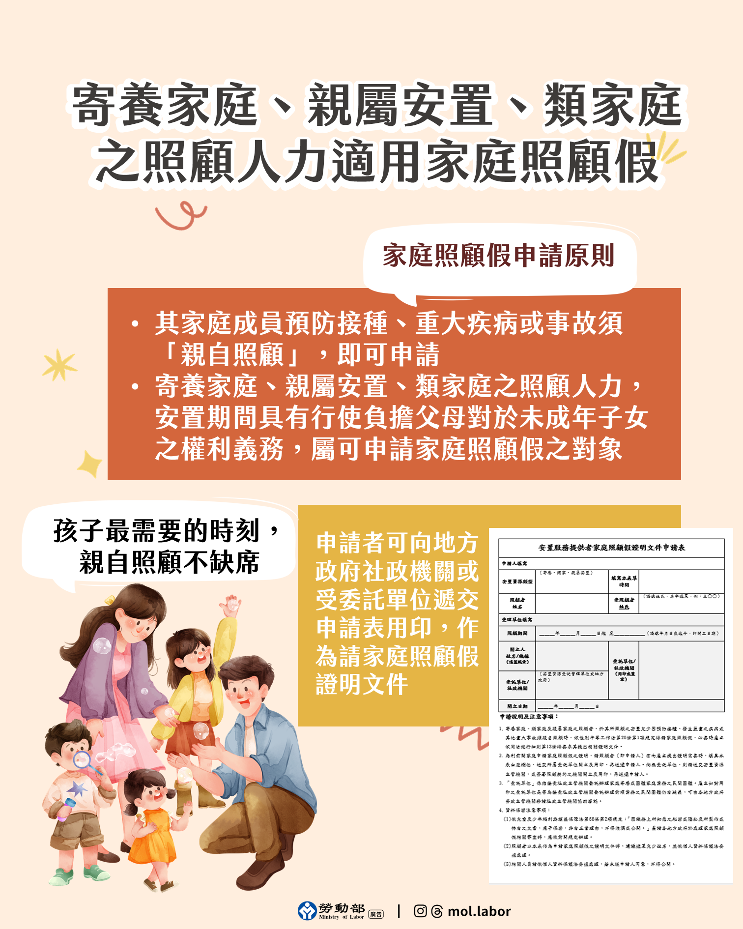 寄養家庭、親屬安置、類家庭(非專業人員團體家庭)之照顧人力可適用家庭照顧假，在孩子最需要的時刻，給予親自照顧 展示圖