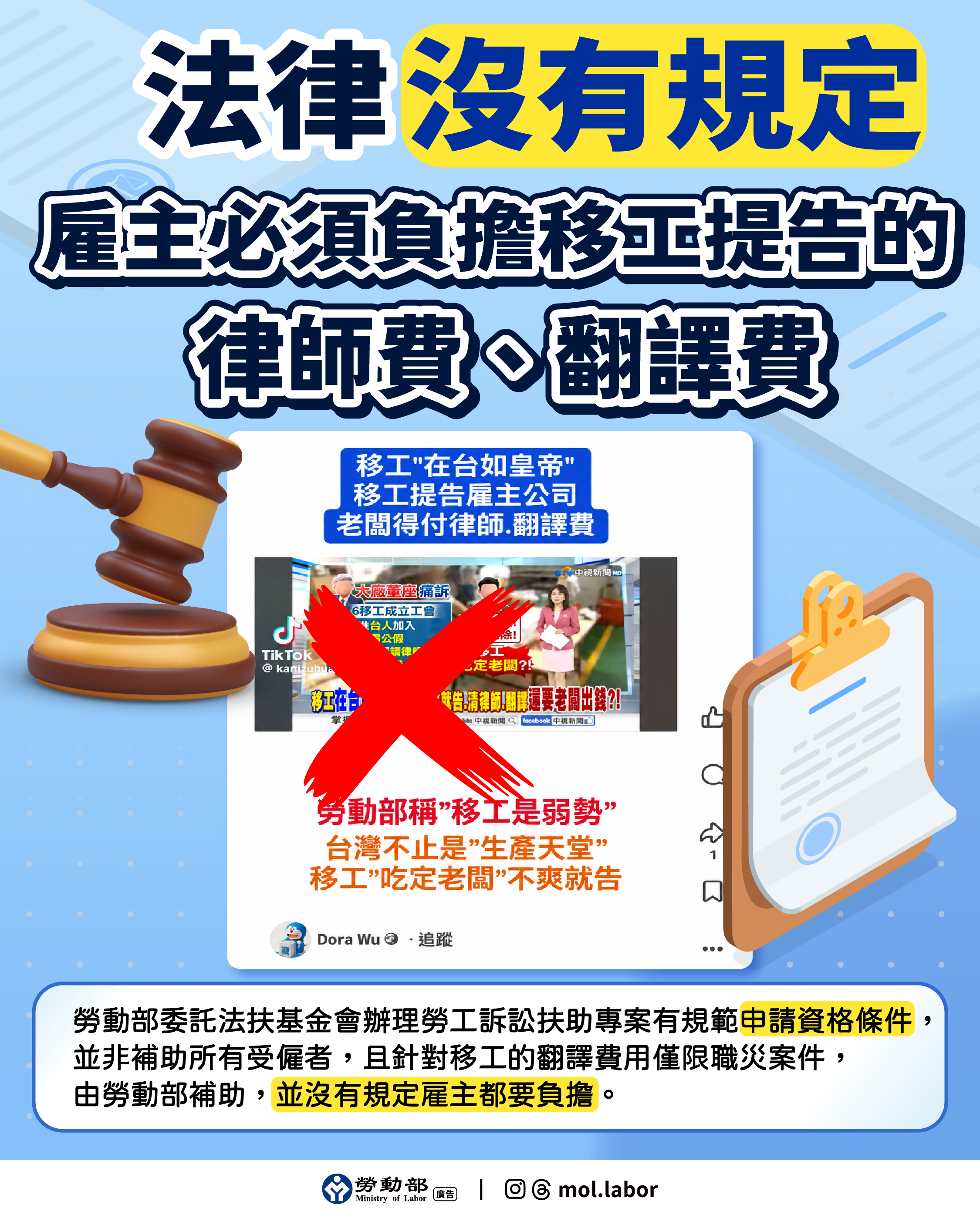 【聲明】有關社群軟體流傳短影音「移工提告雇主公司老闆得付律師、翻譯費」為錯誤訊息，勞動部嚴正澄清，目前無此規定。 展示圖