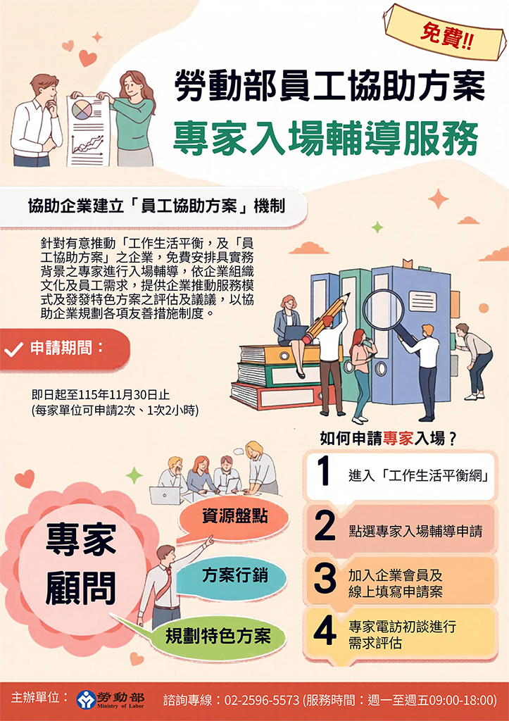 勞動部攜手企業推動「員工協助方案」 營造員工關懷友善職場，歡迎企業踴躍免費報名參訓 展示圖