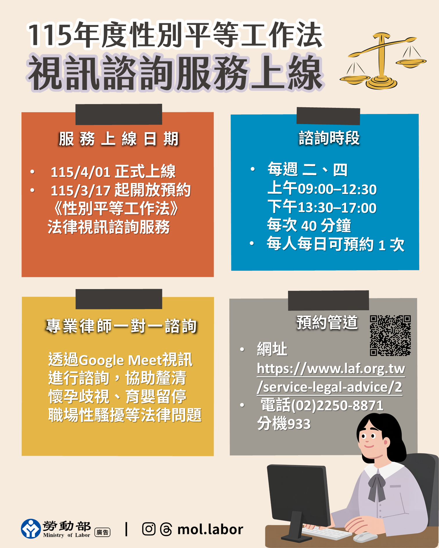 面對性別歧視別隱忍!勞動部今天起開放全國視訊諮詢服務預約 展示圖
