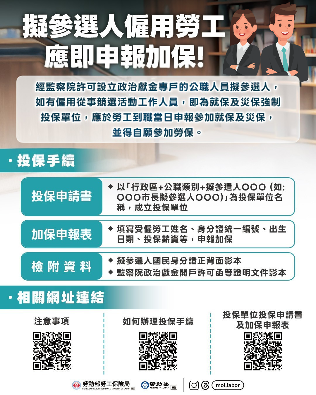 擬參選人僱用勞工應參加就保及災保，並得自願參加勞保 展示圖